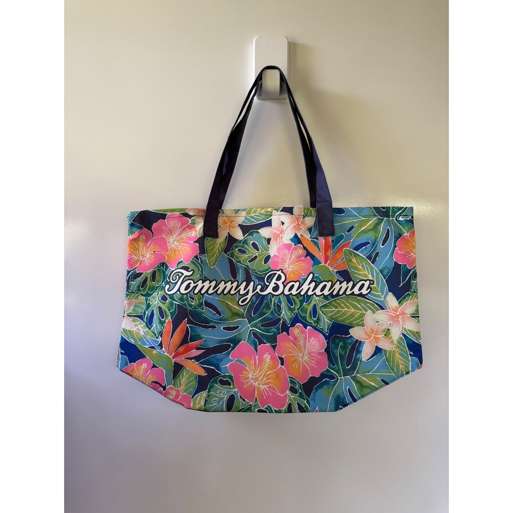 Tommy Bahama Tropical Floral Beach Tote Bag Hibiscus Monstera Blue Pink Large
